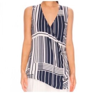 NWT C/MEO COLLECTIVE Night Air Top Navy Grid Geometric Stripe Wrap Blouse Small